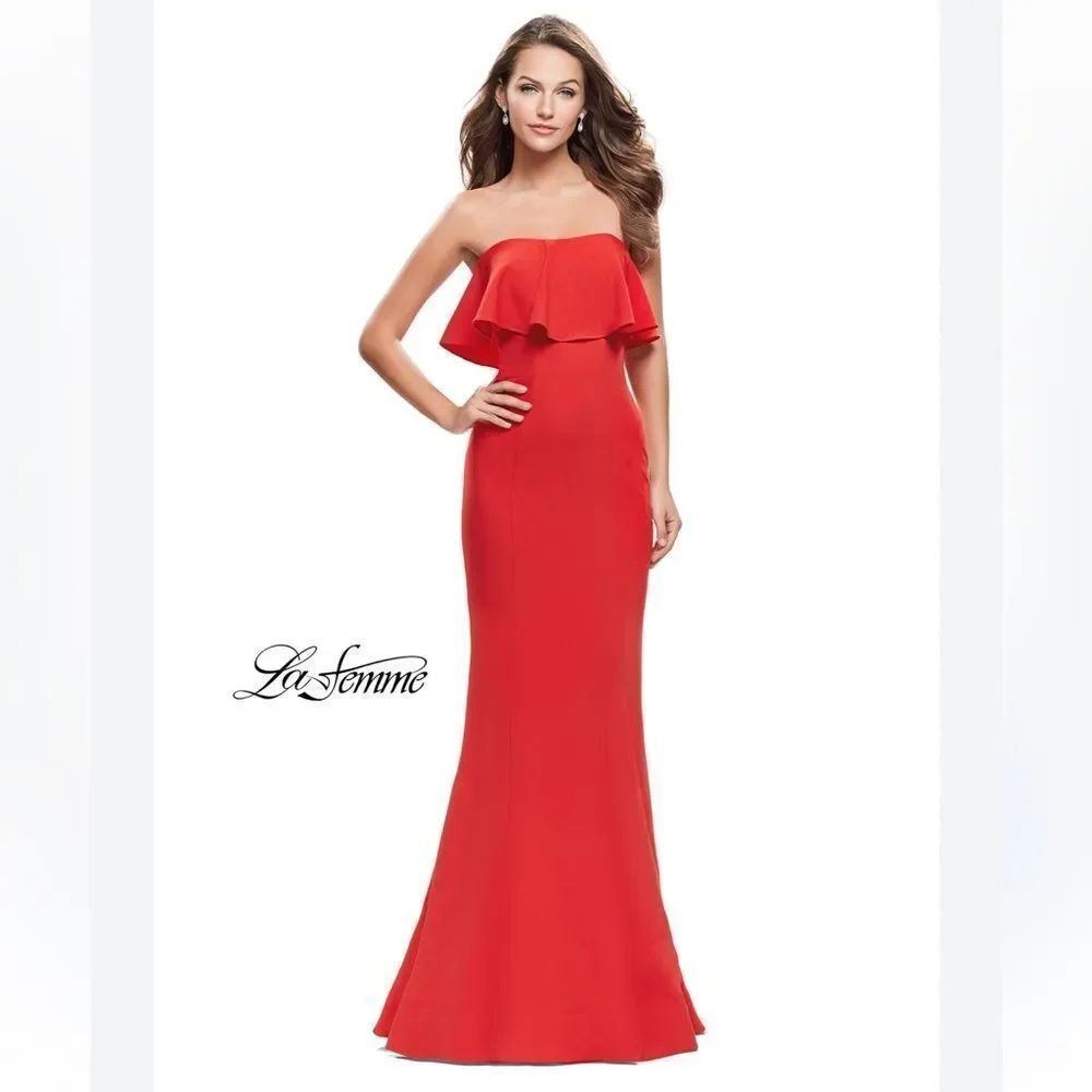 New La Femme 25419 Strapless Mermaid Prom Dress Poppy Red Size 6
